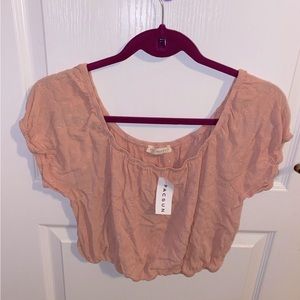 PAC Sun LA Hearts Off Off Shoulder Short Sleeve Pink Crop Top Blouse Shirt Large